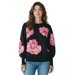 Marc New York Andrew Marc Black Floral Print Puff Sleeve Crewneck Sweater Size M